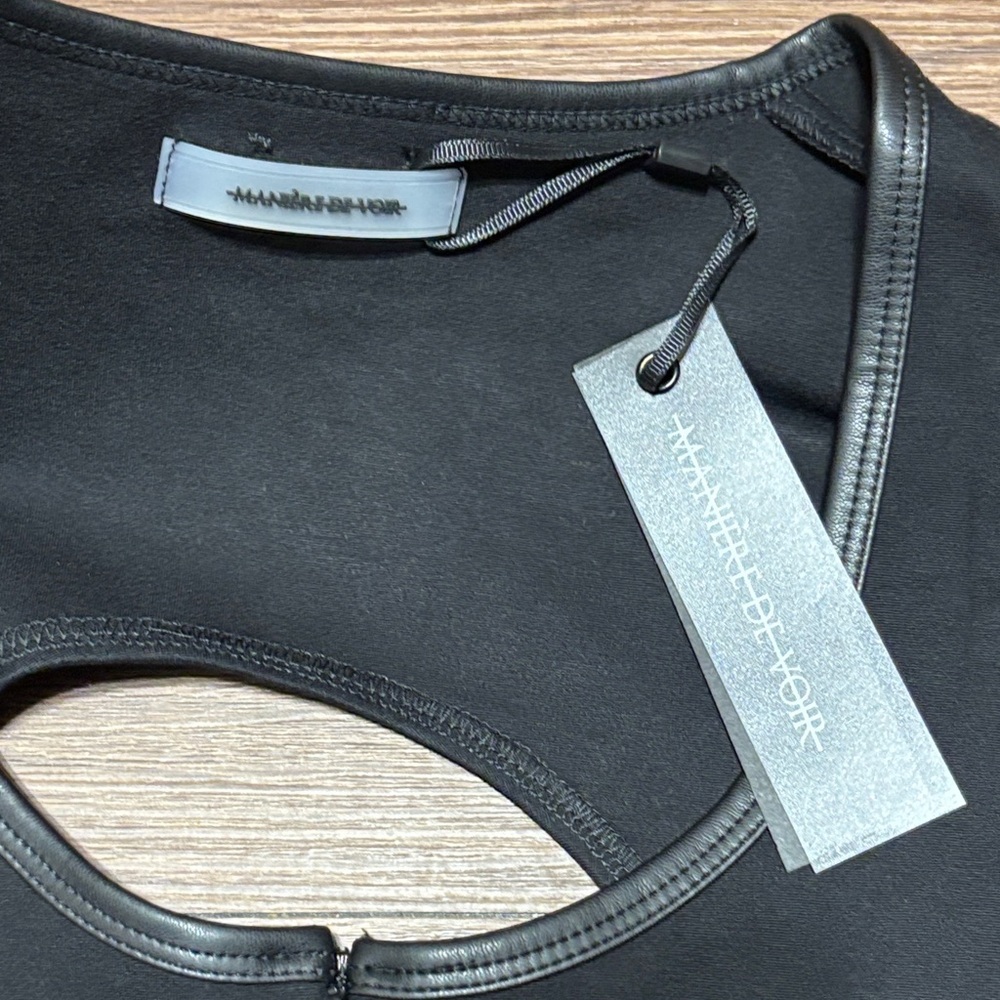 NWT Maniere De Voir Black Cut-Out Faux Leather Crop Top Size 6 - Picture 2 of 6